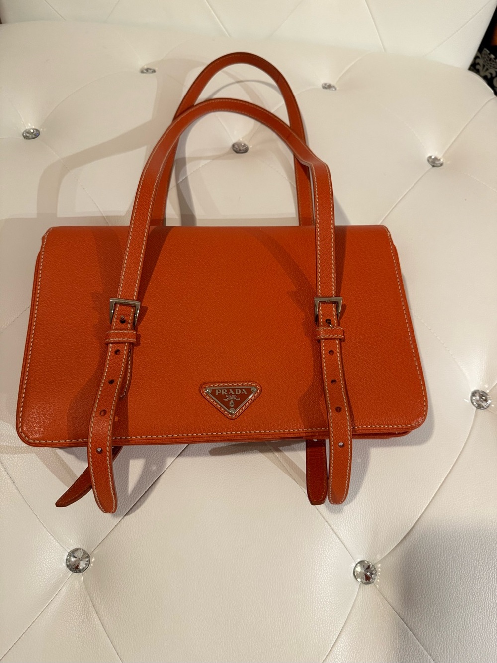 Prada Orange Double-Strap Leather Shoulder Bag - Vintage - Picture 4 of 13
